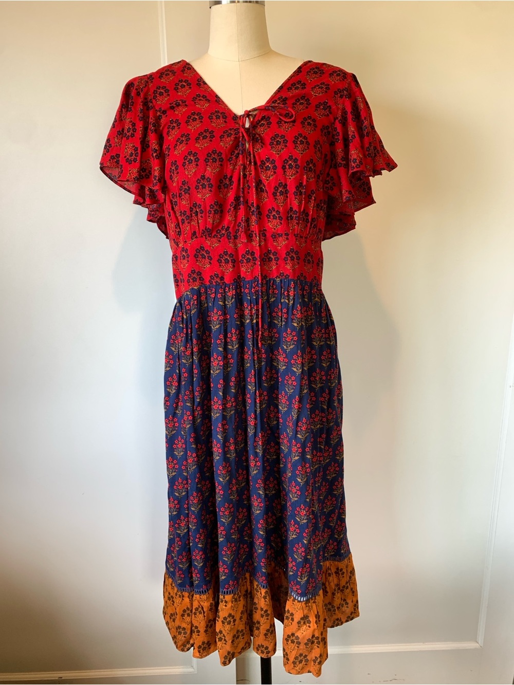 Ranna Gill Red & Navy Floral Midi Rayon Dress with Mustard Hem